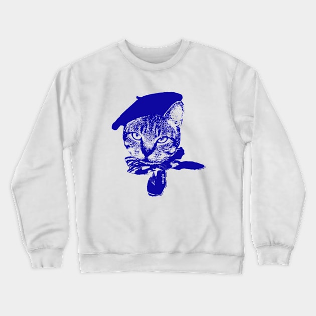 Ooo la la Cat with Beret, Blue on White Crewneck Sweatshirt by otterglot